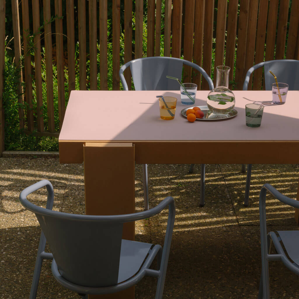 RIAB GRID table single in natural cardboard with lino pad on terrace